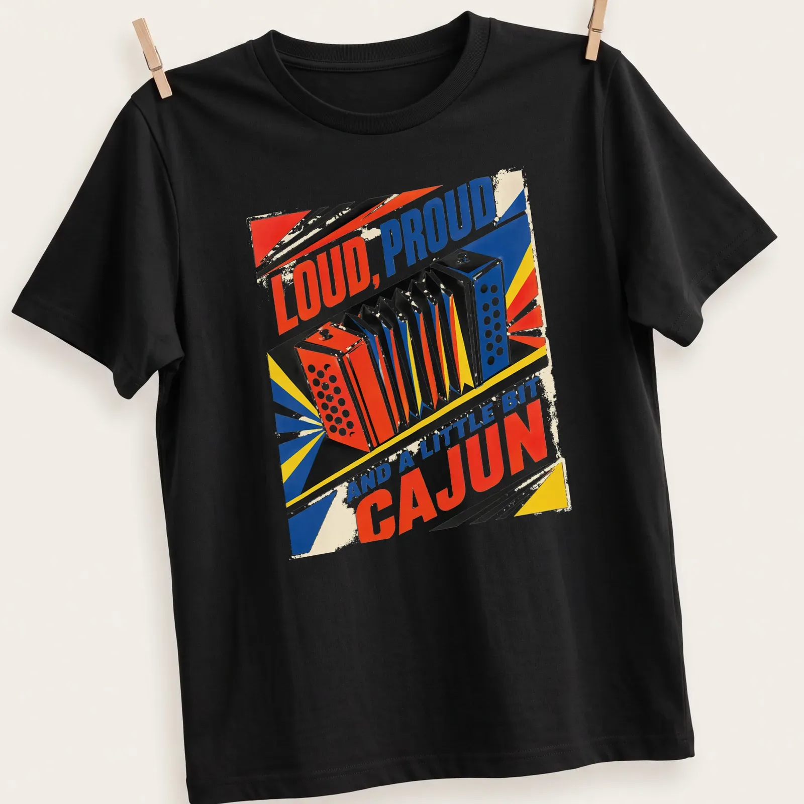 Retro design featuring bold text and Cajun accordion in bright colors — printed on a unisex t-shirt