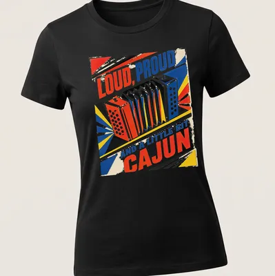 Retro design featuring bold text and Cajun accordion in bright colors — printed on a women's shirt