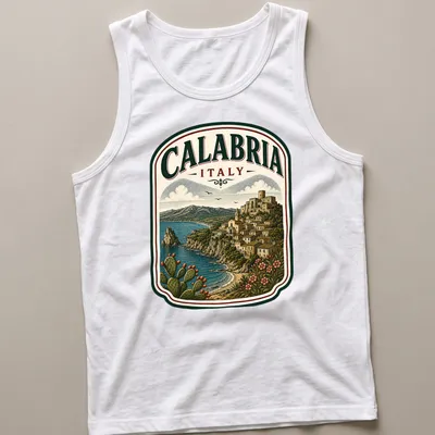 Vintage illustration of the Calabria landscape with the text CALABRIA ITALY — printed on a tank top