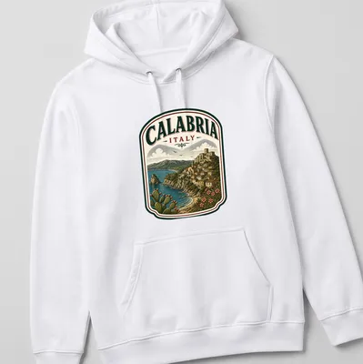 Vintage illustration of the Calabria landscape with the text CALABRIA ITALY — printed on a unisex hoodie