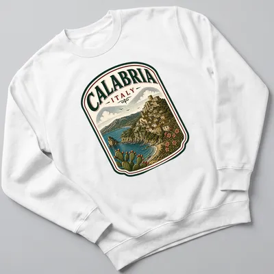 Vintage illustration of the Calabria landscape with the text CALABRIA ITALY — printed on a unisex sweatshirt