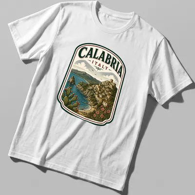 Vintage illustration of the Calabria landscape with the text CALABRIA ITALY