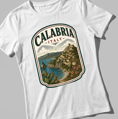 Vintage illustration of the Calabria landscape with the text CALABRIA ITALY — printed on a women's shirt