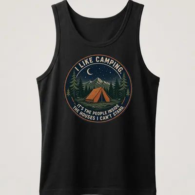 Vintage illustration t-shirt featuring a tent and humorous camping quote — printed on a tank top