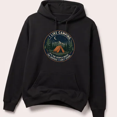 Vintage illustration t-shirt featuring a tent and humorous camping quote — printed on a unisex hoodie