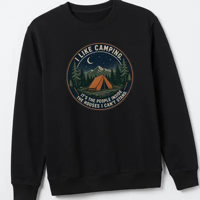 Vintage illustration t-shirt featuring a tent and humorous camping quote — printed on a unisex sweatshirt