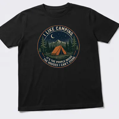 Vintage illustration t-shirt featuring a tent and humorous camping quote