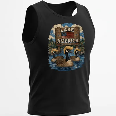 Vintage print of Canadian geese flying over a serene lake, with 'Lake America EST. 2026' text — printed on a tank top