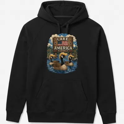Vintage print of Canadian geese flying over a serene lake, with 'Lake America EST. 2026' text — printed on a unisex hoodie