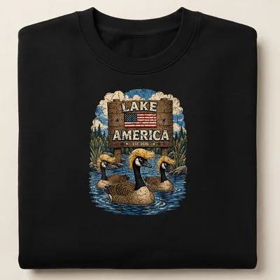 Vintage print of Canadian geese flying over a serene lake, with 'Lake America EST. 2026' text — printed on a unisex sweatshirt