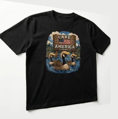 Vintage print of Canadian geese flying over a serene lake, with 'Lake America EST. 2026' text — printed on a unisex t-shirt (angled view)