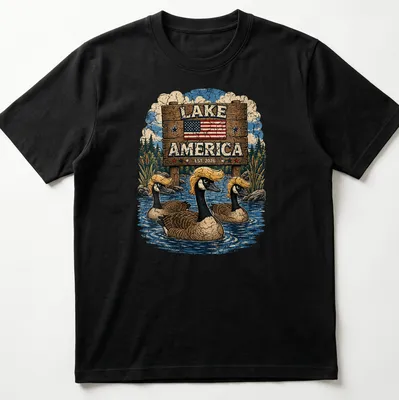 Vintage print of Canadian geese flying over a serene lake, with 'Lake America EST. 2026' text