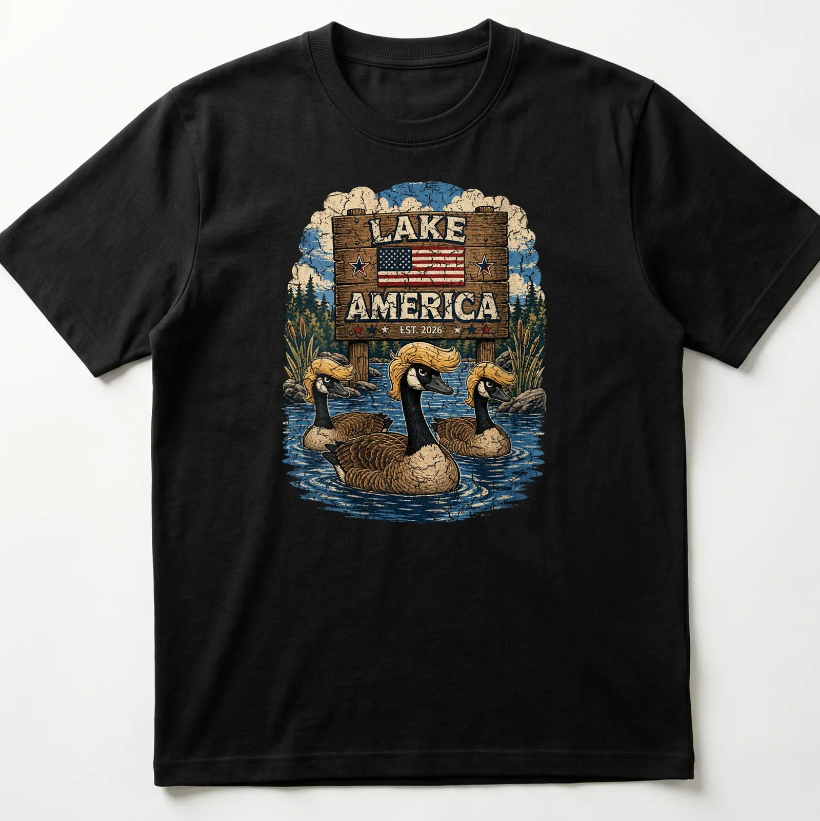 Vintage print of Canadian geese flying over a serene lake, with 'Lake America EST. 2026' text — printed on a unisex t-shirt