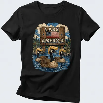 Vintage print of Canadian geese flying over a serene lake, with 'Lake America EST. 2026' text — printed on a women's shirt