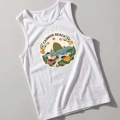 Illustration of Cannon Beach landscape in modern folk art style with vibrant colors — printed on a tank top