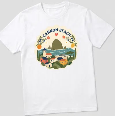 Illustration of Cannon Beach landscape in modern folk art style with vibrant colors