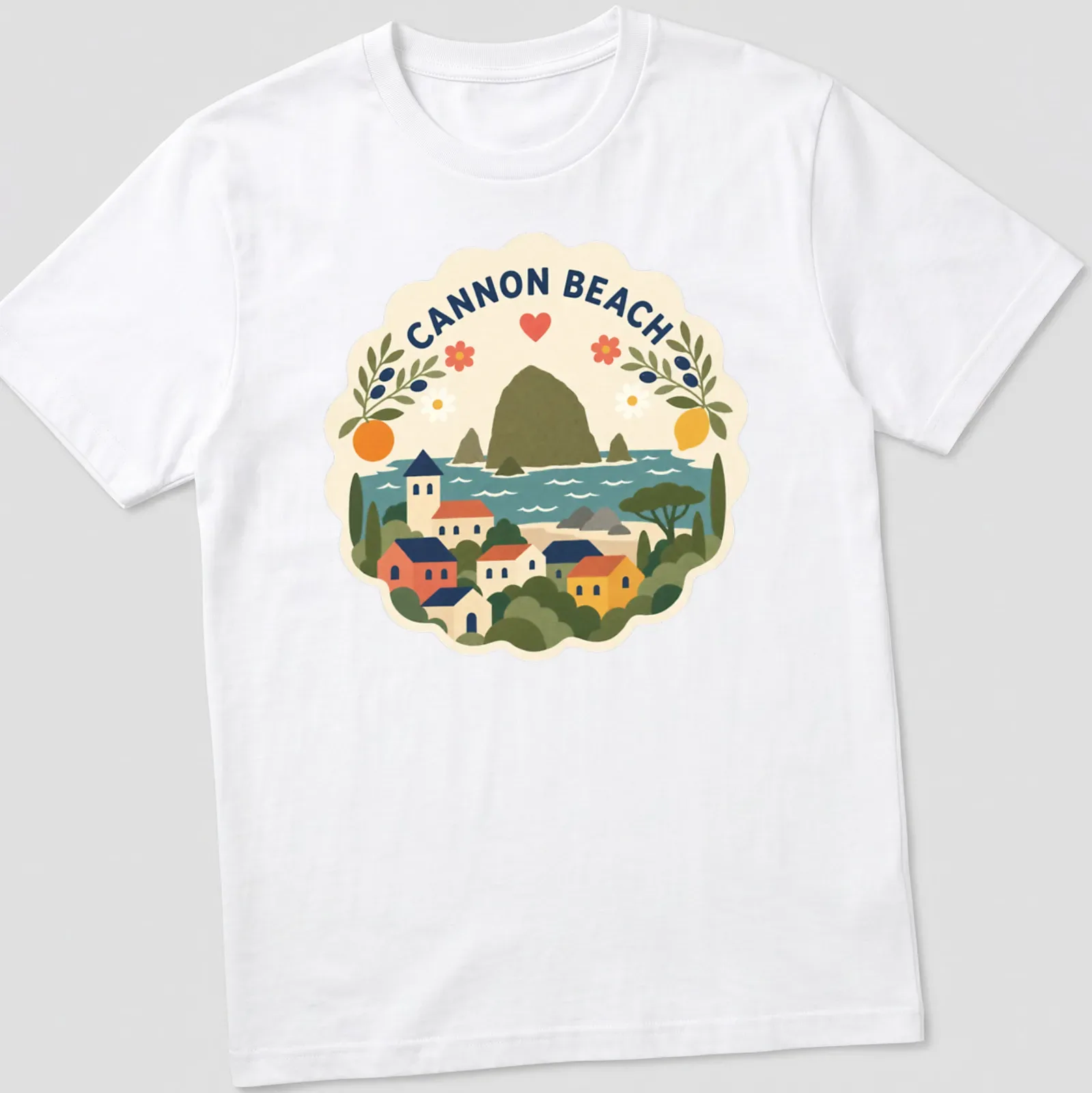 Illustration of Cannon Beach landscape in modern folk art style with vibrant colors — printed on a unisex t-shirt