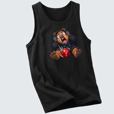 Cartoon capybara with funny expression and text 'Critical Failure' in multiple colors — printed on a tank top