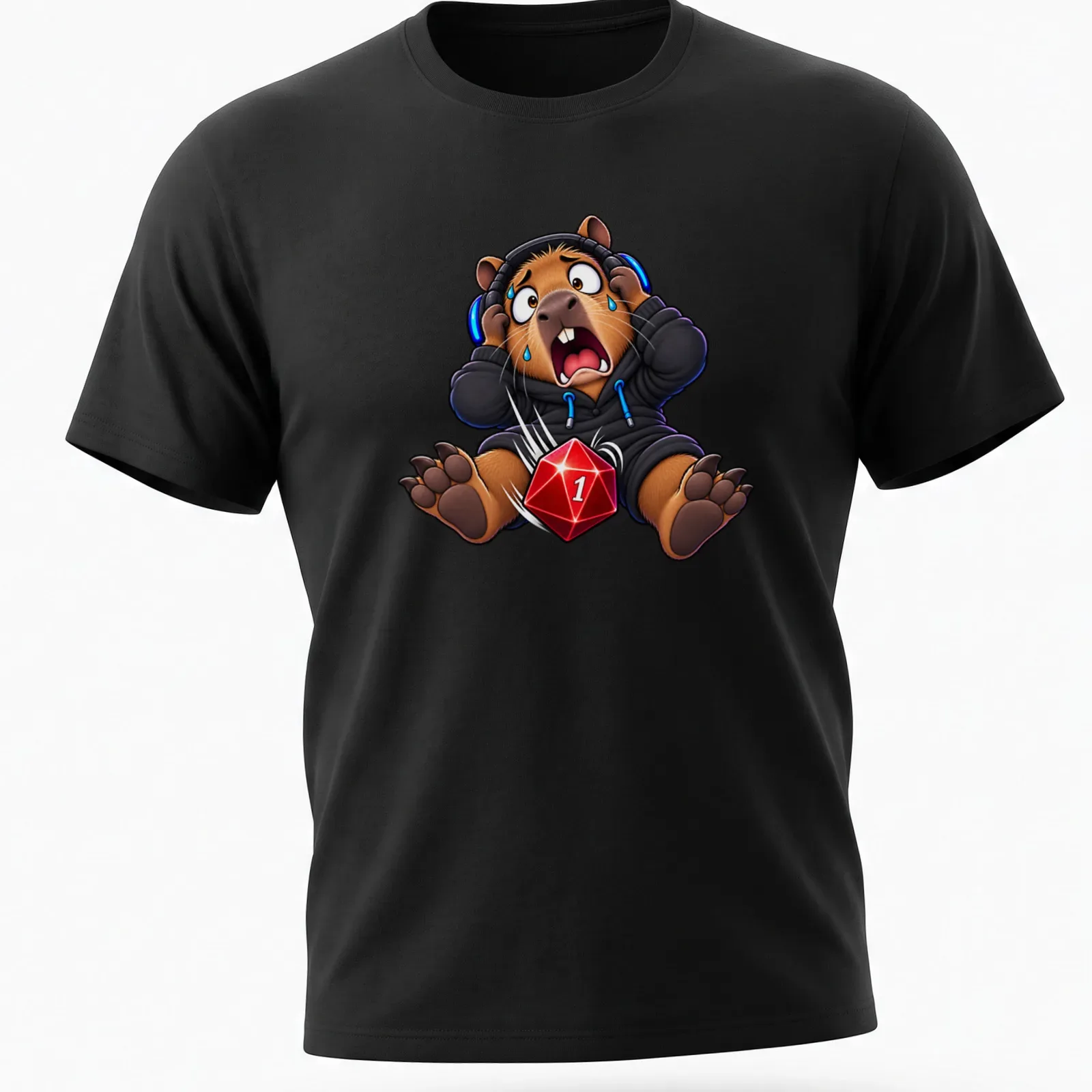 Cartoon capybara with funny expression and text 'Critical Failure' in multiple colors — printed on a unisex t-shirt
