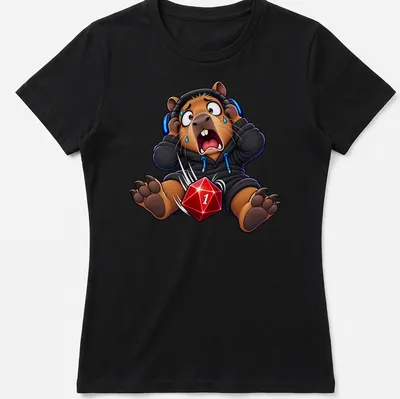 Cartoon capybara with funny expression and text 'Critical Failure' in multiple colors — printed on a women's shirt