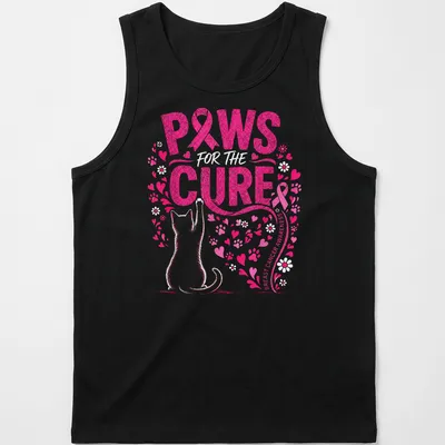 Glittery pink print featuring a cat with 'Paws For The Cure Breast Cancer Awareness' text. — printed on a tank top