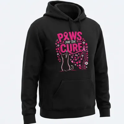 Glittery pink print featuring a cat with 'Paws For The Cure Breast Cancer Awareness' text. — printed on a unisex hoodie
