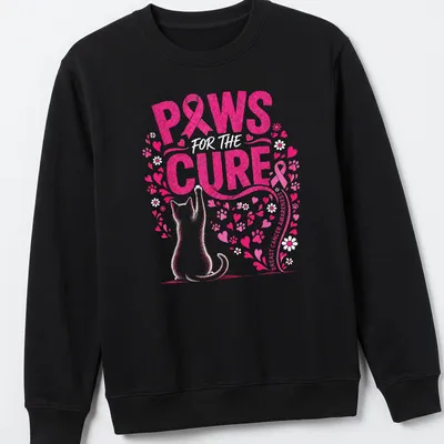 Glittery pink print featuring a cat with 'Paws For The Cure Breast Cancer Awareness' text. — printed on a unisex sweatshirt