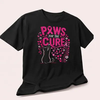 Glittery pink print featuring a cat with 'Paws For The Cure Breast Cancer Awareness' text. — printed on a unisex t-shirt (angled view)