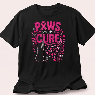 Glittery pink print featuring a cat with 'Paws For The Cure Breast Cancer Awareness' text.