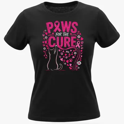 Glittery pink print featuring a cat with 'Paws For The Cure Breast Cancer Awareness' text. — printed on a women's shirt