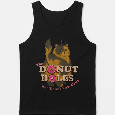 Cartoon cat design with playful text about donut holes in bright colors — printed on a tank top