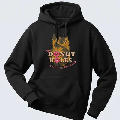 Cartoon cat design with playful text about donut holes in bright colors — printed on a unisex hoodie