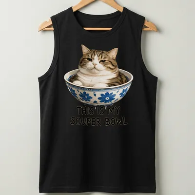 Realistic print of a cat comfortably sitting in a bowl with humorous text — printed on a tank top