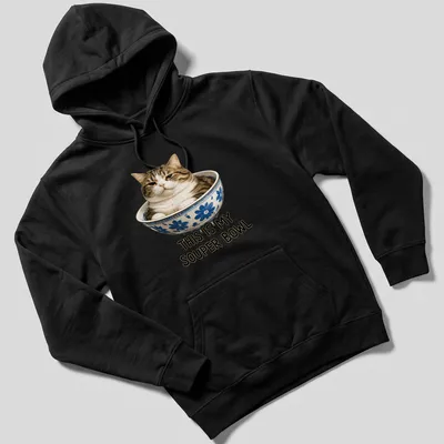 Realistic print of a cat comfortably sitting in a bowl with humorous text — printed on a unisex hoodie