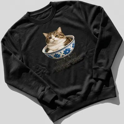 Realistic print of a cat comfortably sitting in a bowl with humorous text — printed on a unisex sweatshirt