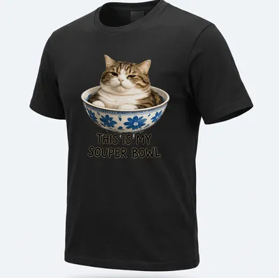 Realistic print of a cat comfortably sitting in a bowl with humorous text