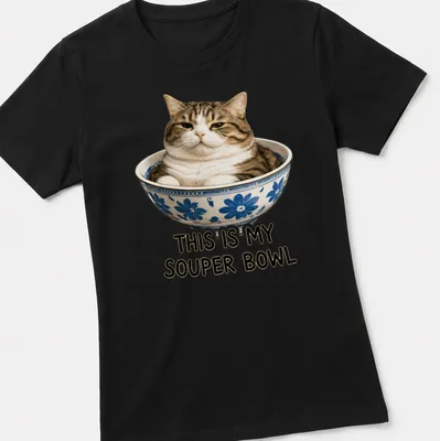 Realistic print of a cat comfortably sitting in a bowl with humorous text — printed on a women's shirt