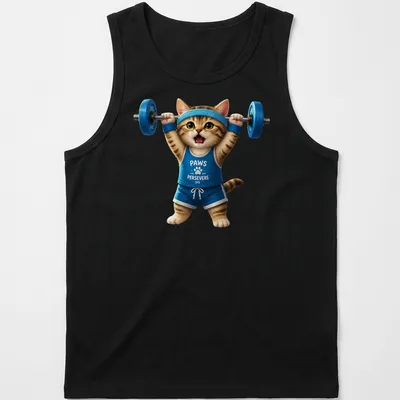 Realistic graphic of a weightlifting cat with the text PAWS PERSEVERE — printed on a tank top