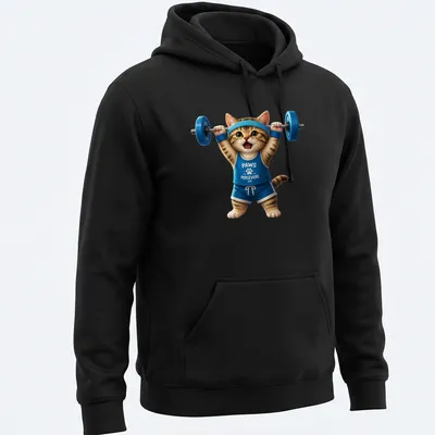 Realistic graphic of a weightlifting cat with the text PAWS PERSEVERE — printed on a unisex hoodie
