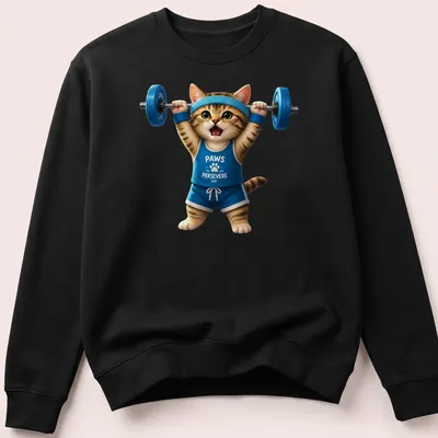 Realistic graphic of a weightlifting cat with the text PAWS PERSEVERE — printed on a unisex sweatshirt