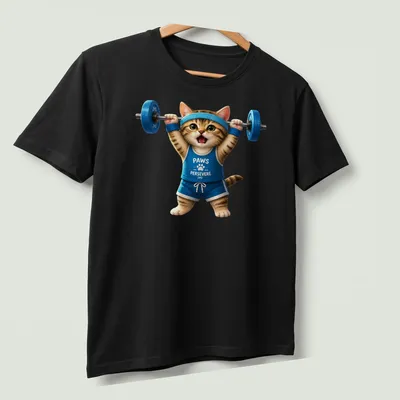 Realistic graphic of a weightlifting cat with the text PAWS PERSEVERE — printed on a unisex t-shirt (angled view)