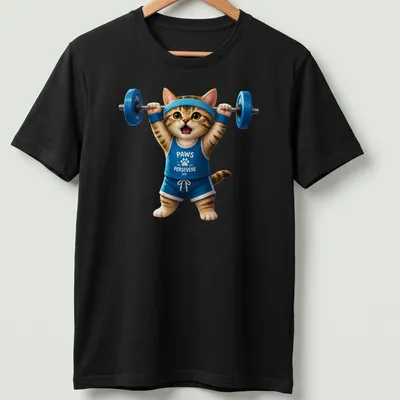 Realistic graphic of a weightlifting cat with the text PAWS PERSEVERE