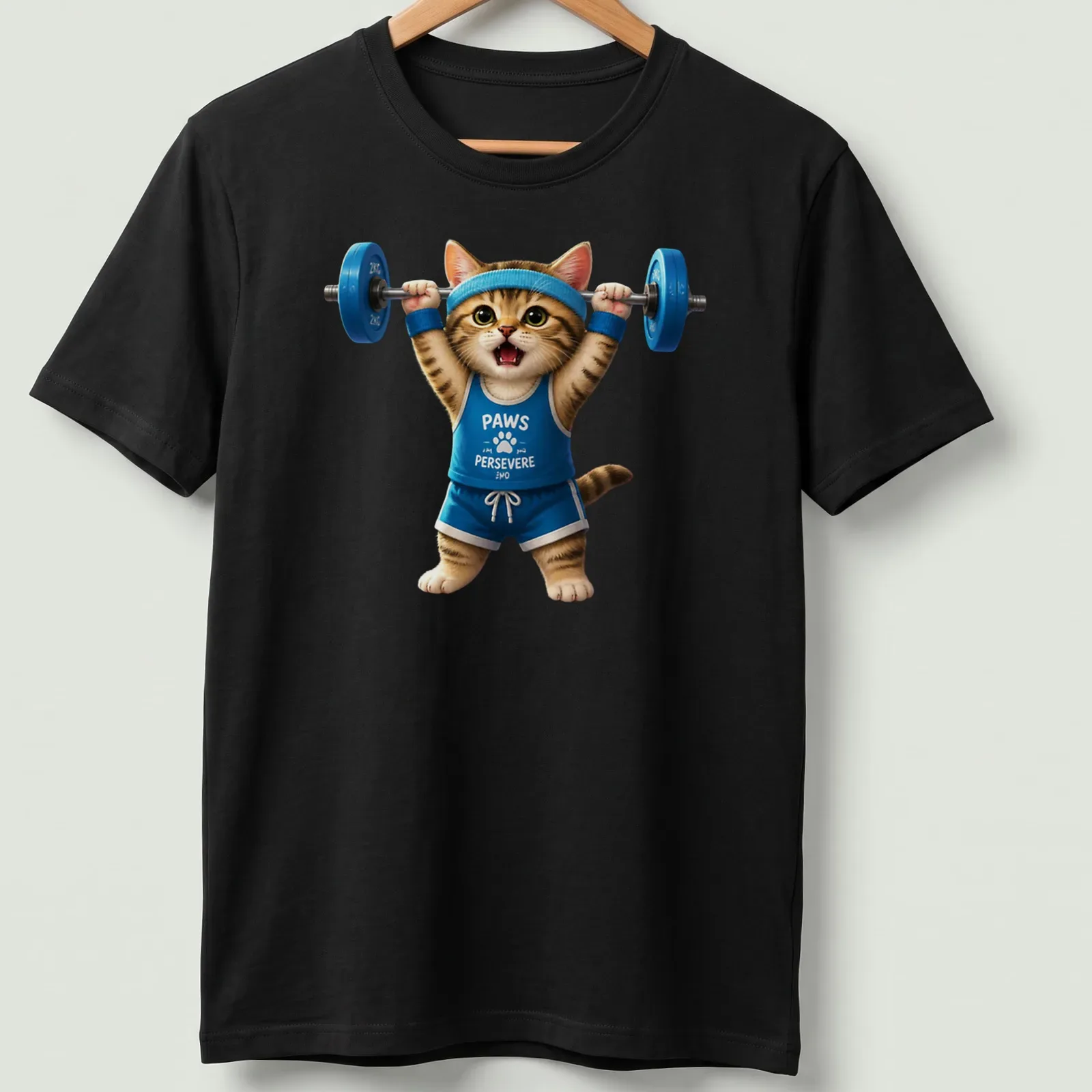 Realistic graphic of a weightlifting cat with the text PAWS PERSEVERE — printed on a unisex t-shirt
