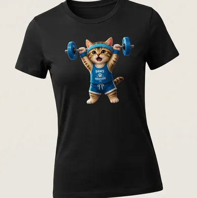 Realistic graphic of a weightlifting cat with the text PAWS PERSEVERE — printed on a women's shirt