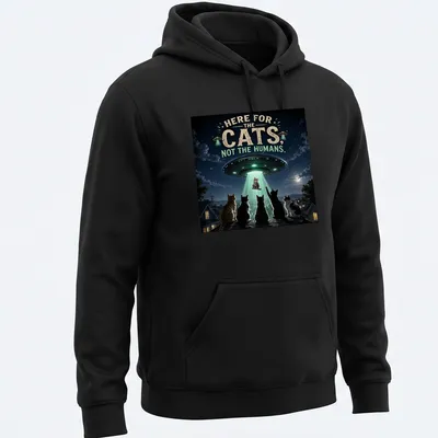 Detailed sci-fi print of cats being abducted by a UFO, with playful text. — printed on a unisex hoodie