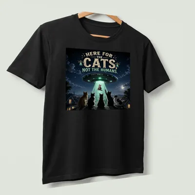 Detailed sci-fi print of cats being abducted by a UFO, with playful text. — printed on a unisex t-shirt (angled view)