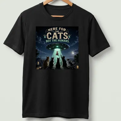 Detailed sci-fi print of cats being abducted by a UFO, with playful text.