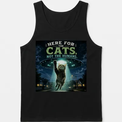 Playful design of cats being abducted by a UFO with whimsical colors — printed on a tank top