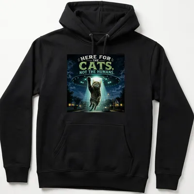 Playful design of cats being abducted by a UFO with whimsical colors — printed on a unisex hoodie
