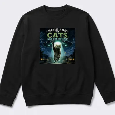 Playful design of cats being abducted by a UFO with whimsical colors — printed on a unisex sweatshirt